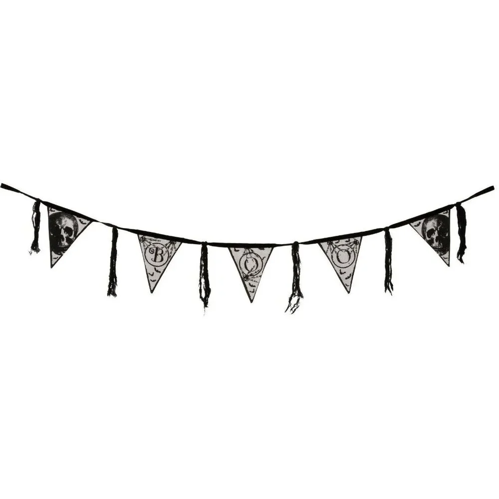 Halloween Boo Skulls Garland 64 inches long Black & White Fabric NEW PBK